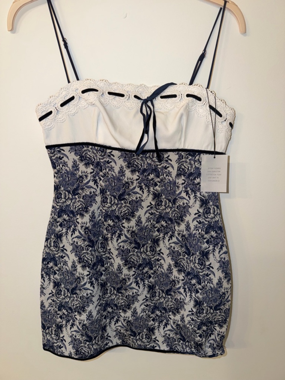 Ivory and Navy Lace-Trim Floral Mini Dress